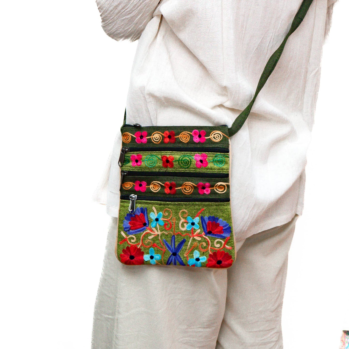 5 Zipper Cross Body Embroidery Cotton Bag: Dark Blue