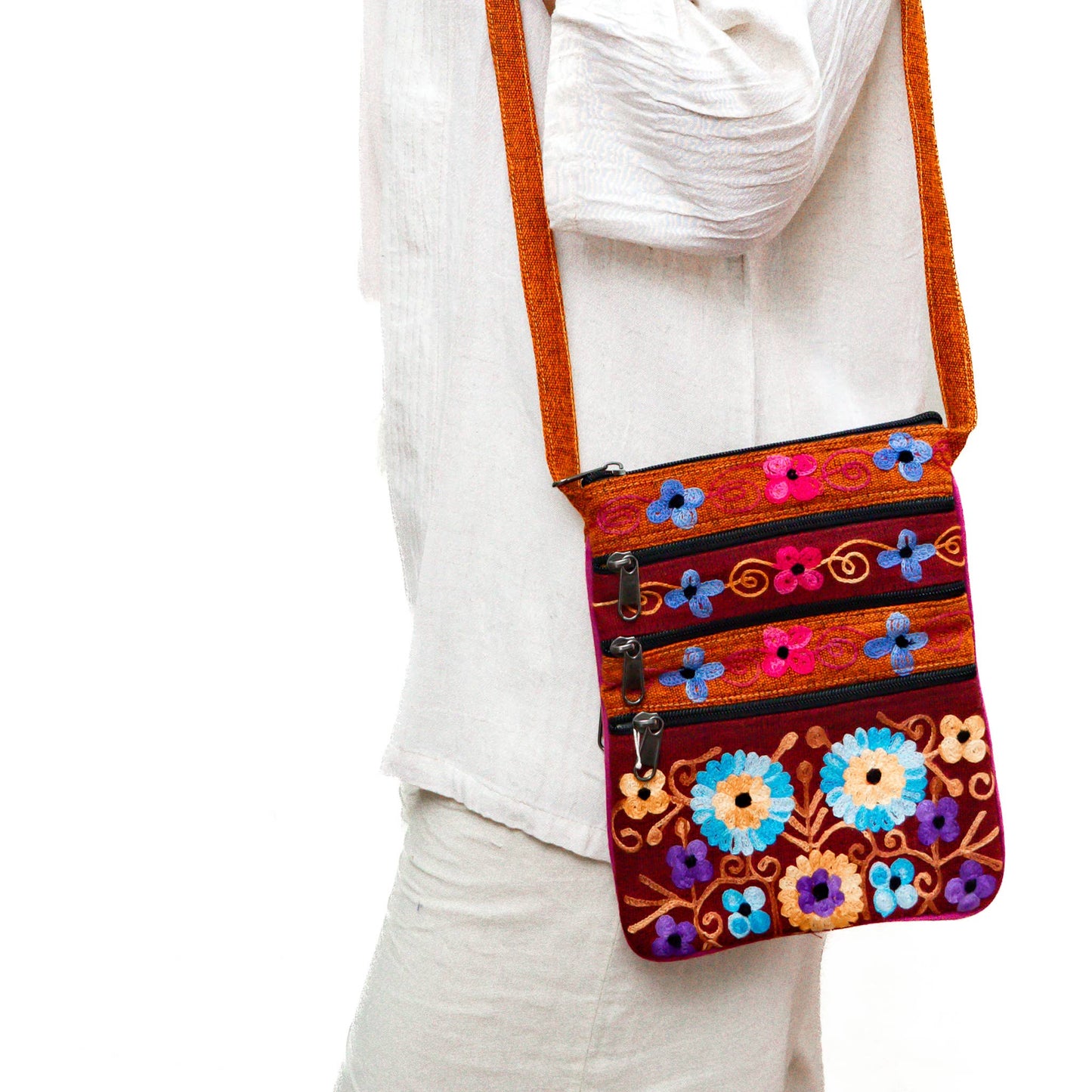 5 Zipper Cross Body Embroidery Cotton Bag: Dark Blue