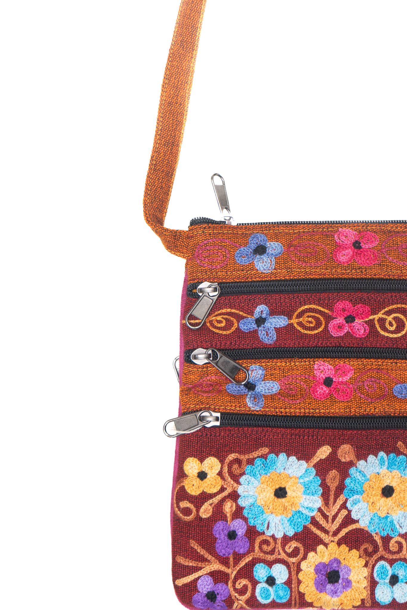 5 Zipper Cross Body Embroidery Cotton Bag: Dark Blue