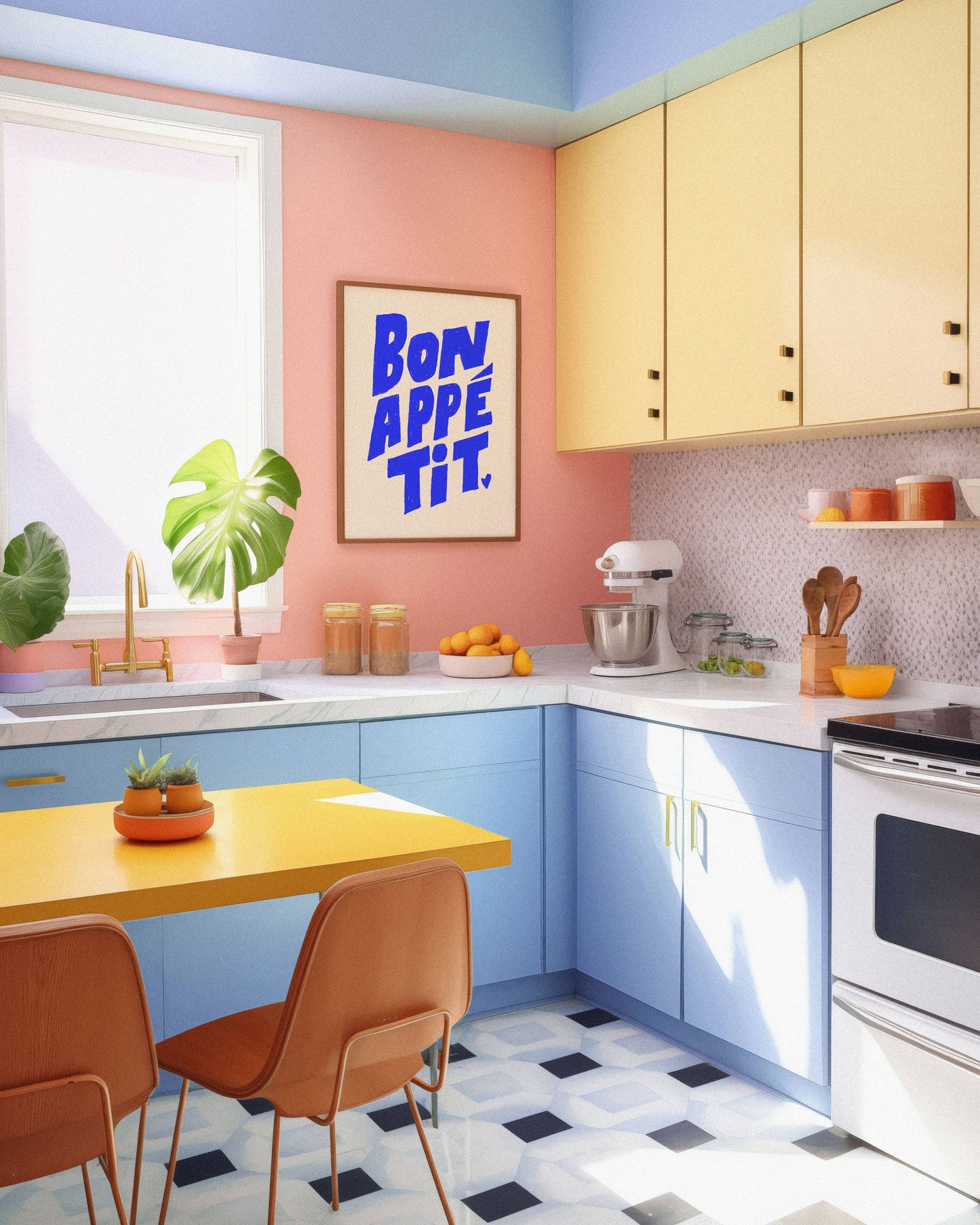 Bon Appetit Print | Hand lettered Kitchen Art : Blue / 5 x 7