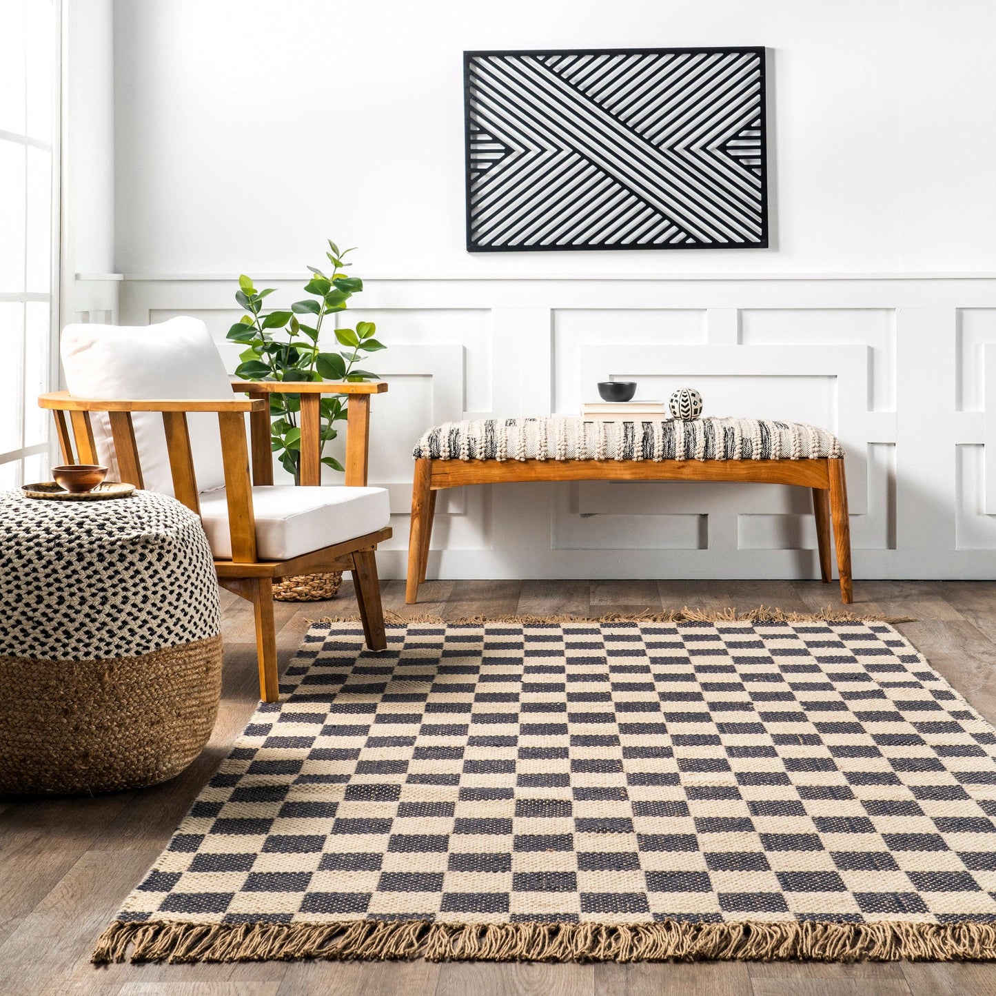 Connie Checkered Wool/Jute Tasseled Area Rug: Gray / Runner / 2' x 8'