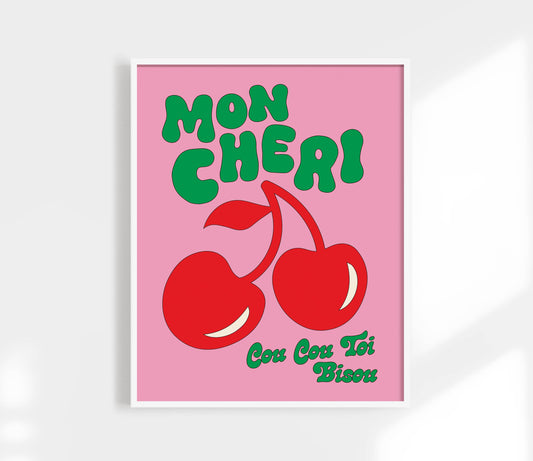 Mon Cheri Print | Bisou | Funky Cherry Kitchen Art: Green / 12 x 18