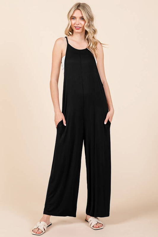 CAR2323X-Relax Fit Wide Leg Jumpsuit: BLACK / 1XL