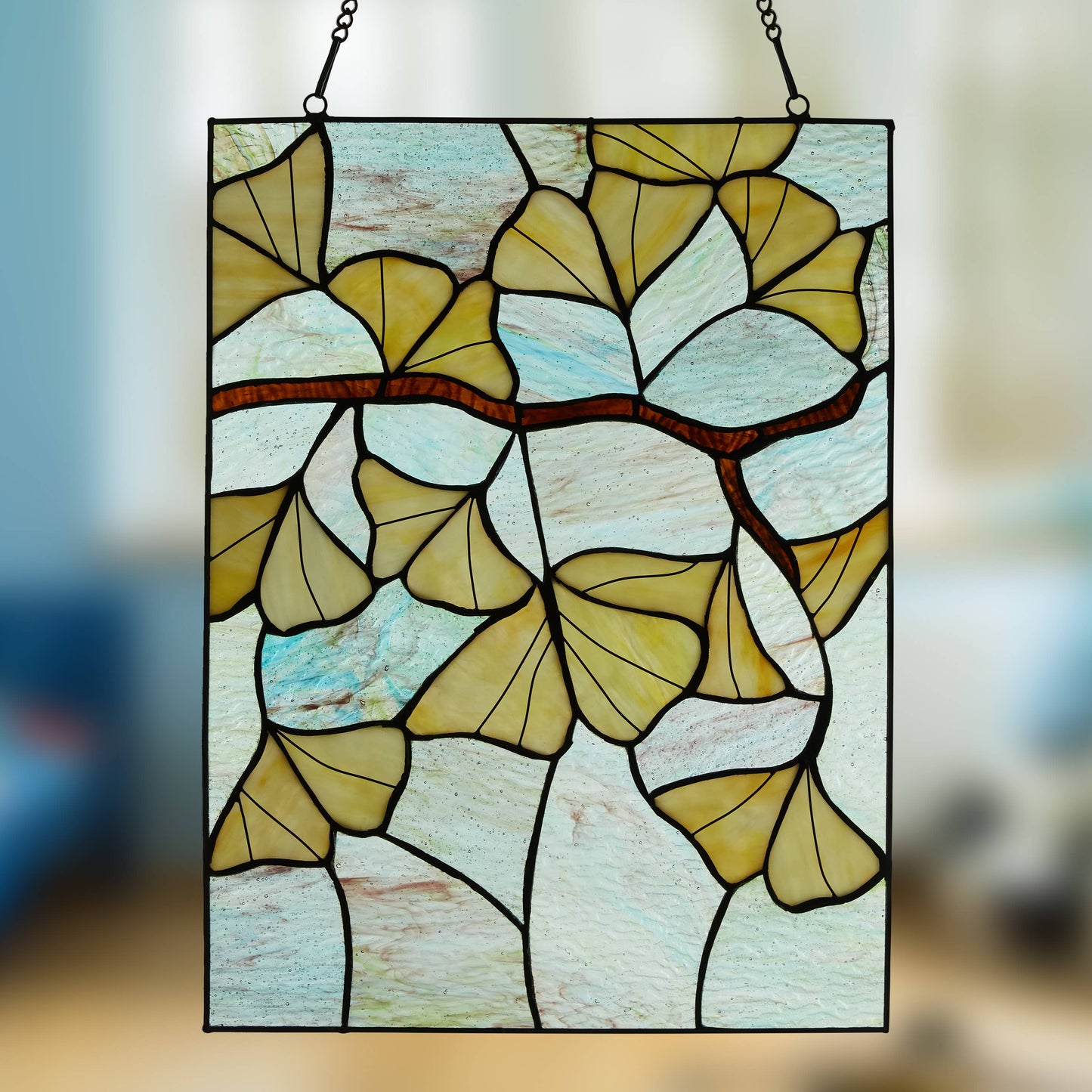 17.5"H Robert Yellow Gingko Leaf Stained Glass Window Panel