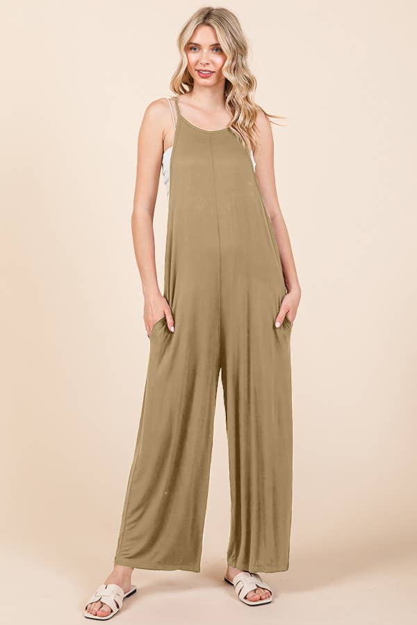 CAR2323X-Relax Fit Wide Leg Jumpsuit: BLACK / 1XL