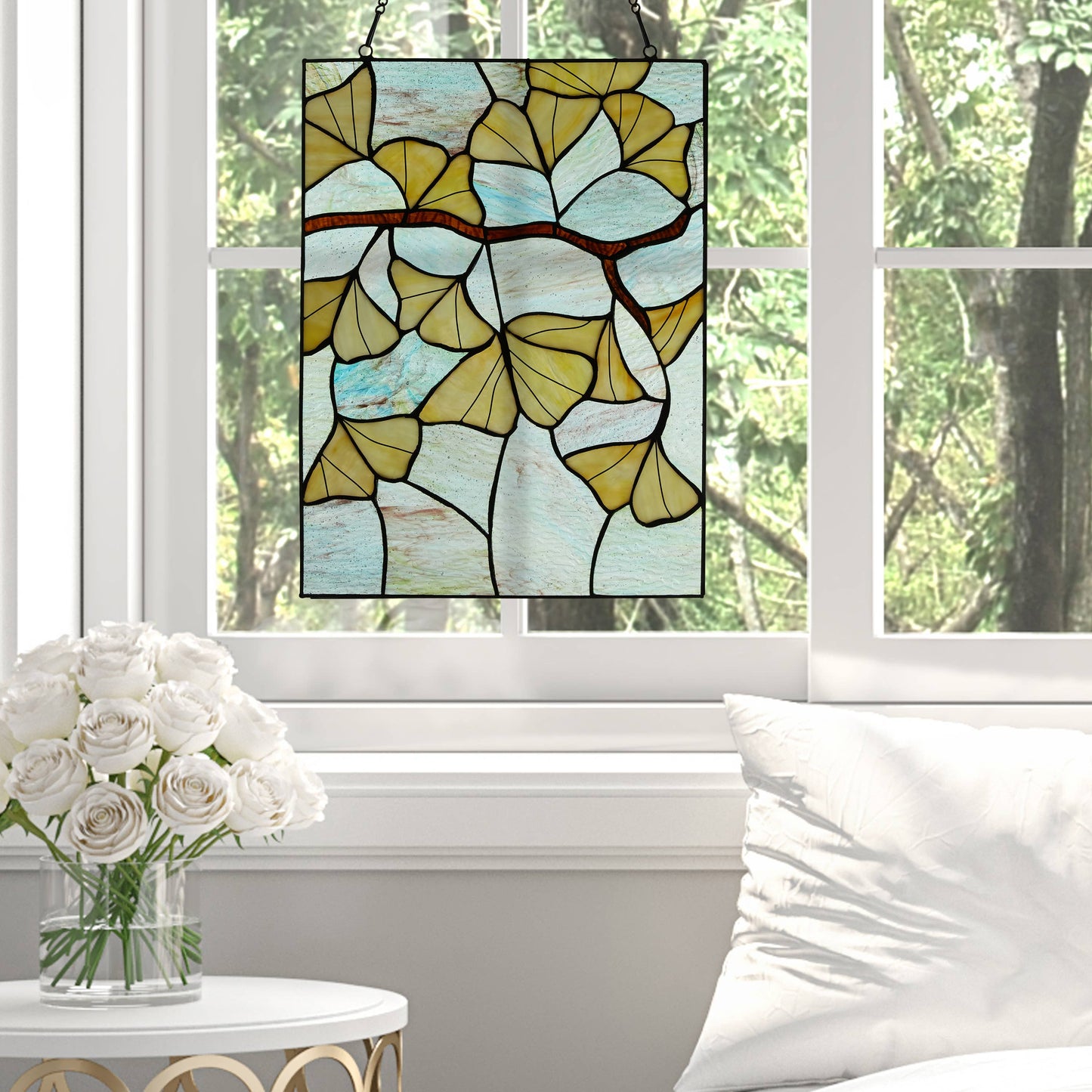 17.5"H Robert Yellow Gingko Leaf Stained Glass Window Panel