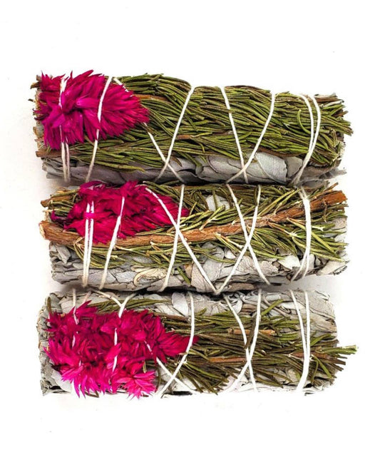 Pink Celosia Flower + White Sage + Rosemary Smudge Wand