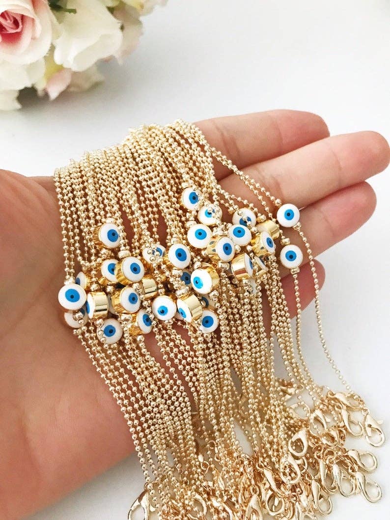 Evil Eye Bead Bracelet, Minimalist Bracelet, Gold Chain Bracelet: Turquoise