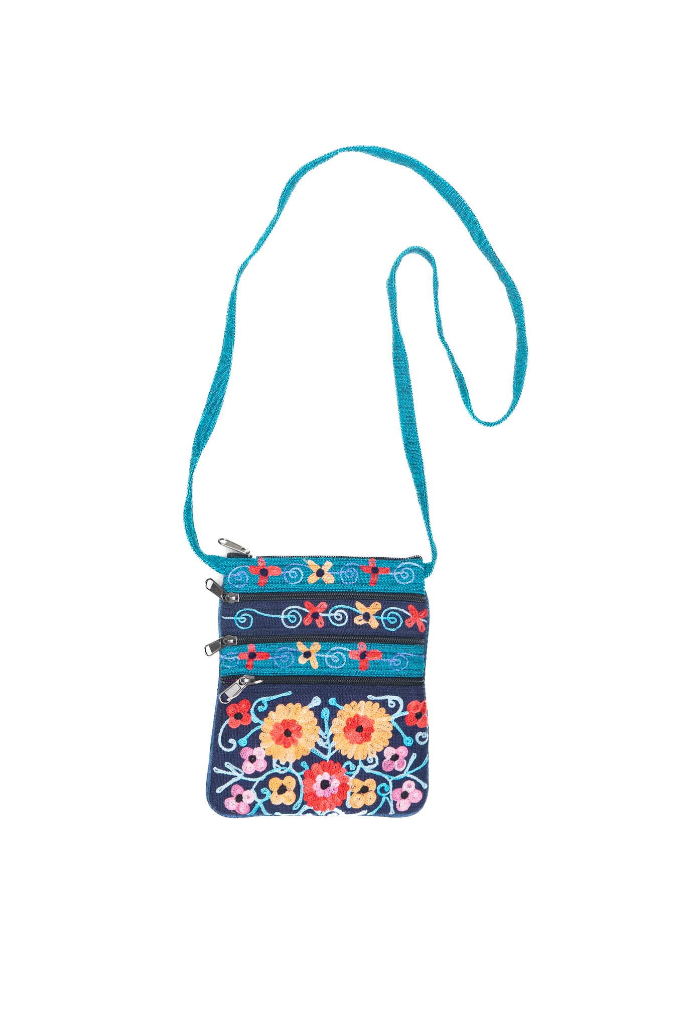 5 Zipper Cross Body Embroidery Cotton Bag: Dark Blue