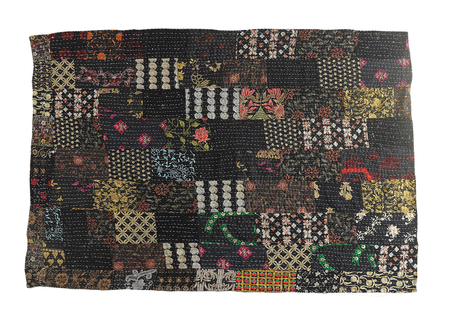 Dark Night Kantha Throw Blanket: Black