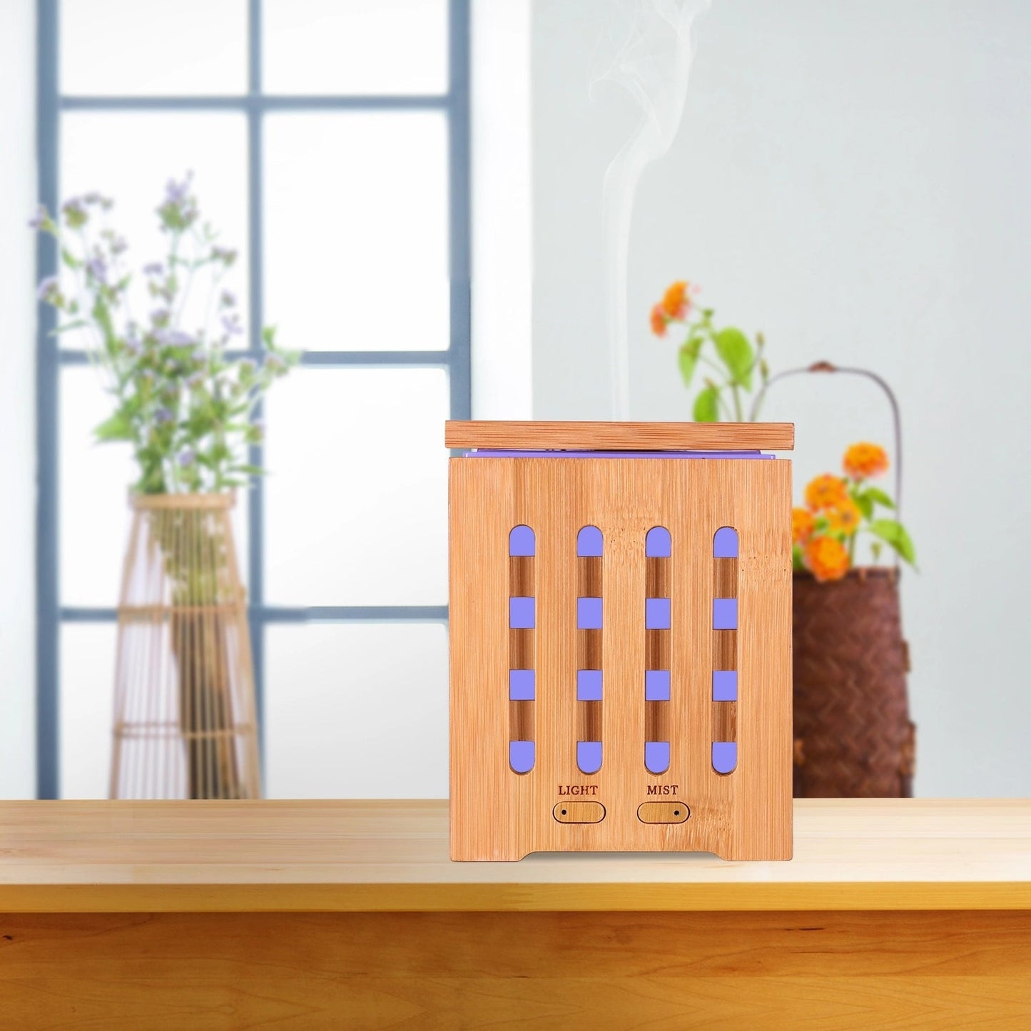 200ml Cubic Ultrasonic Bamboo Humidifier Nebulizer with 7 Color LED Lights
