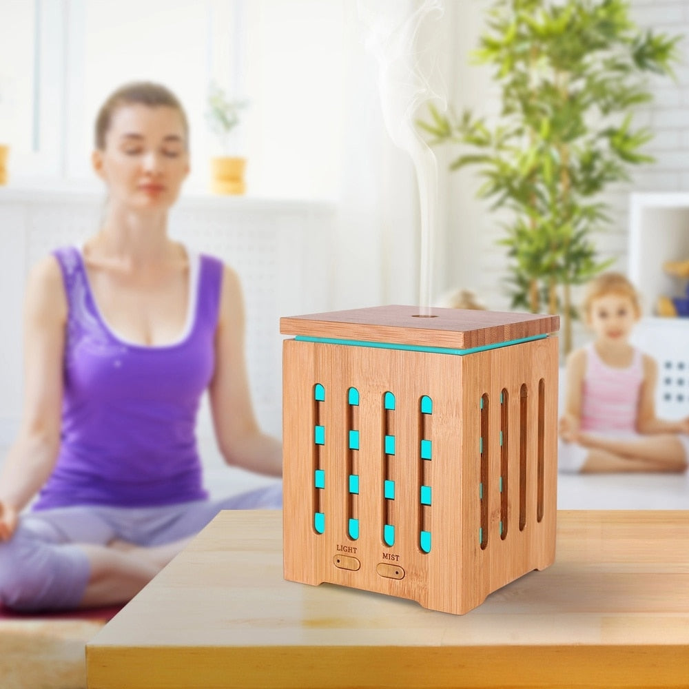 200ml Cubic Ultrasonic Bamboo Humidifier Nebulizer with 7 Color LED Lights