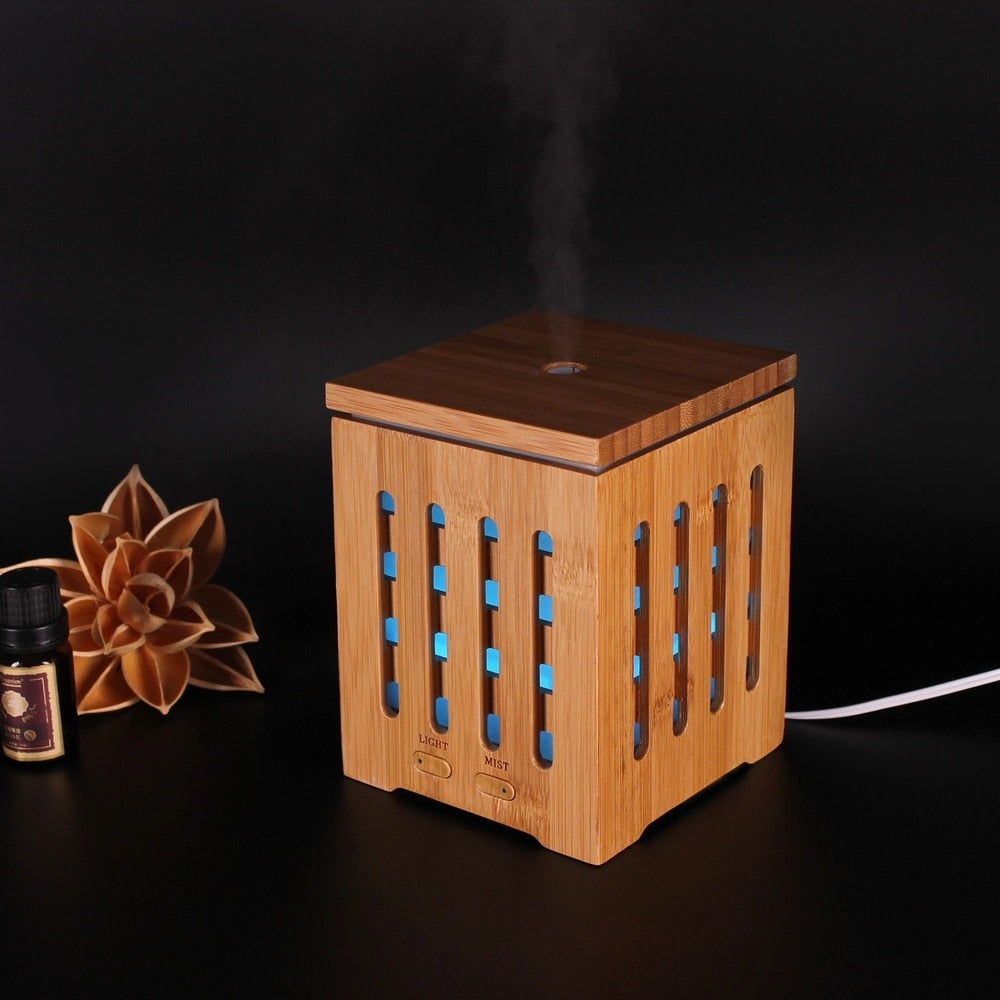 200ml Cubic Ultrasonic Bamboo Humidifier Nebulizer with 7 Color LED Lights