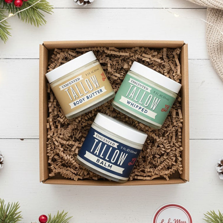 Unscented Tallow Skincare 9oz Trio - Whipped Moisturizer, Body Butter & Balm | Lady May Tallow